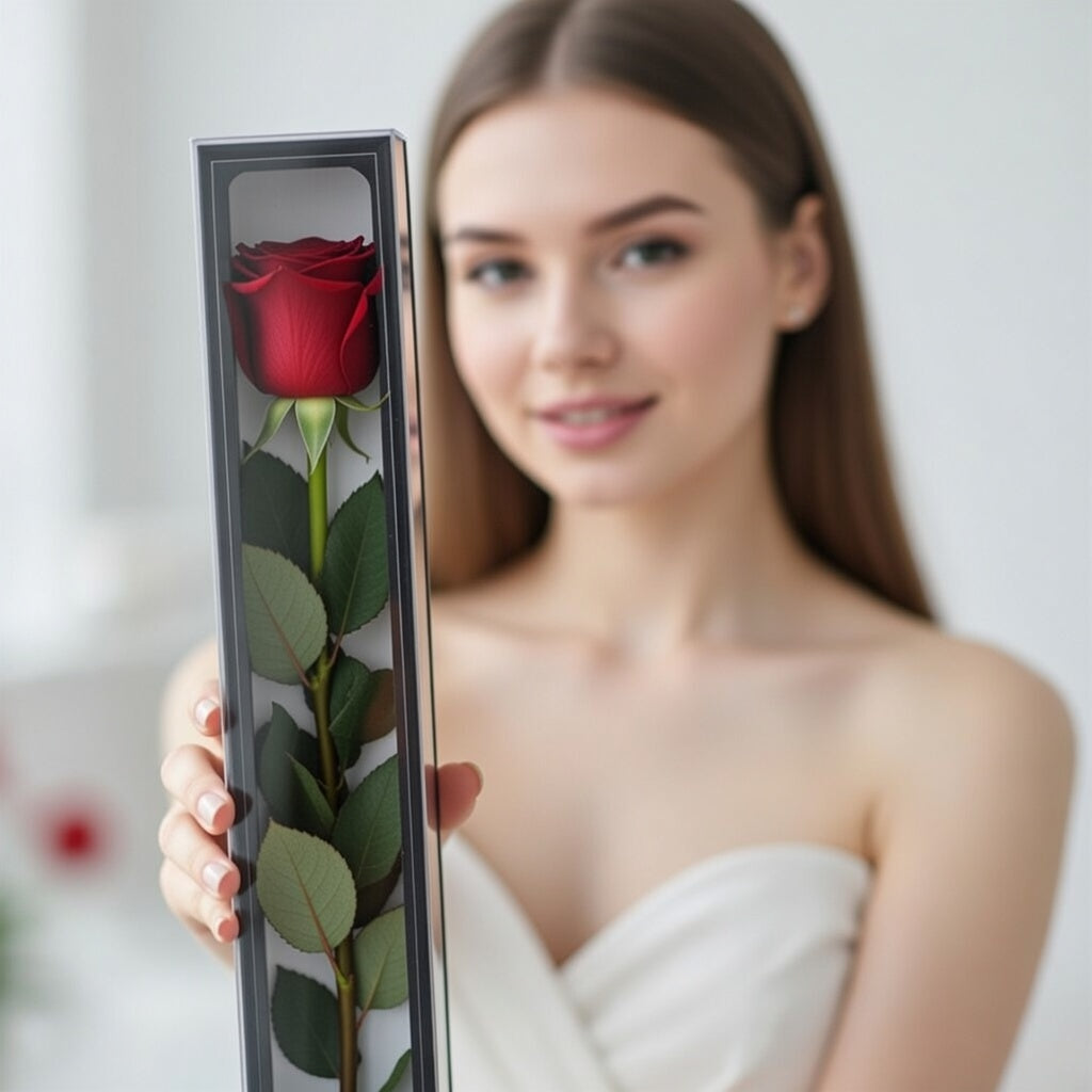 Czerwona róża wieczna XL z łodygą w opakowaniu prezentowym