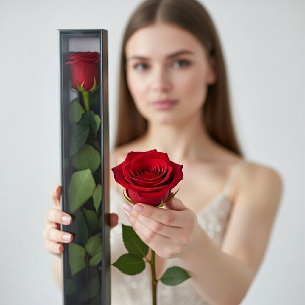 Czerwona róża wieczna XL z łodygą w opakowaniu prezentowym