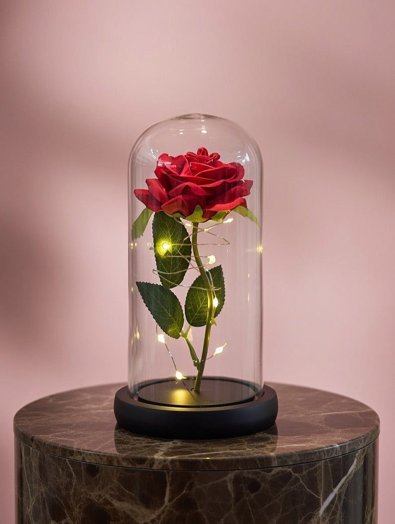 Róża pod kloszem - czerwona z podświetleniem LED
