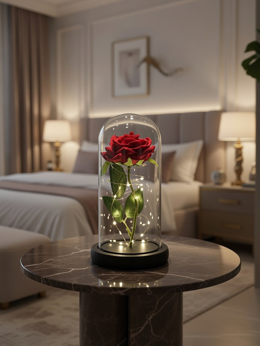 Róża pod kloszem - czerwona z podświetleniem LED