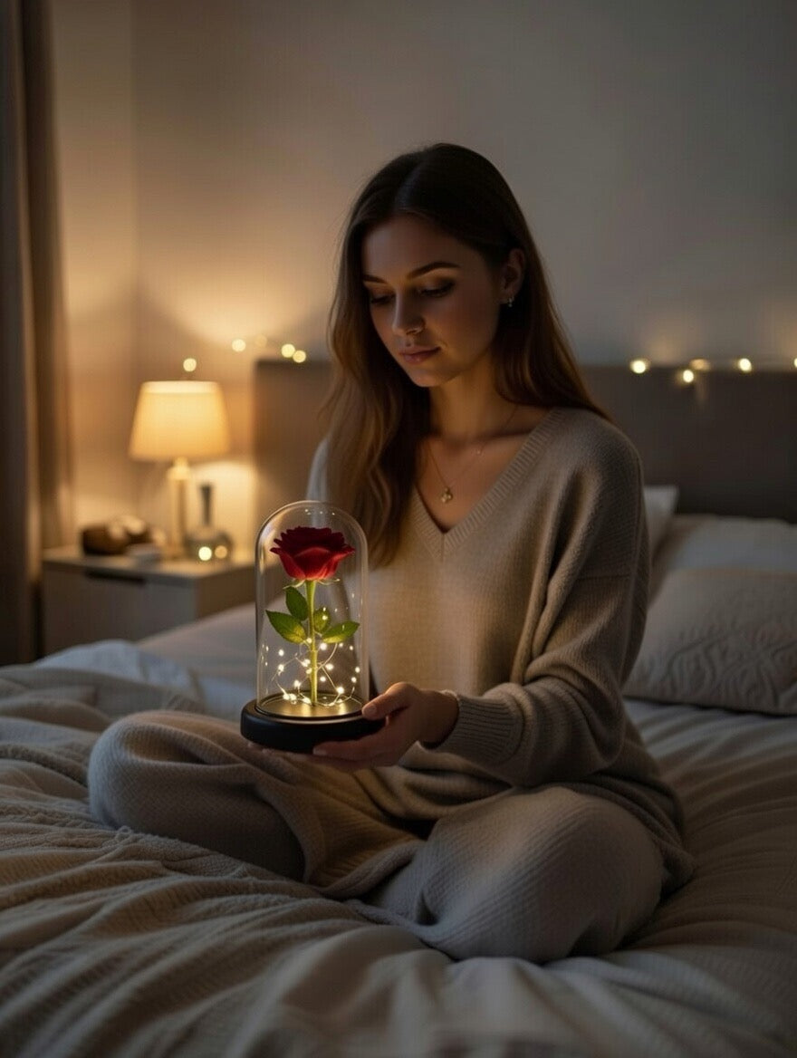 Róża pod kloszem - czerwona z podświetleniem LED