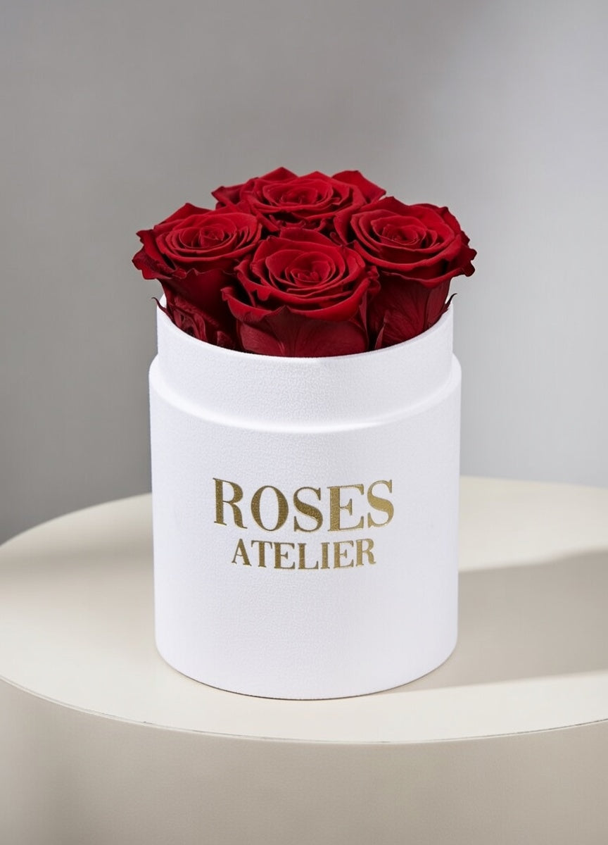 Mały Flower Box z Bordowymi Wiecznymi Różami (czarne pudełko)