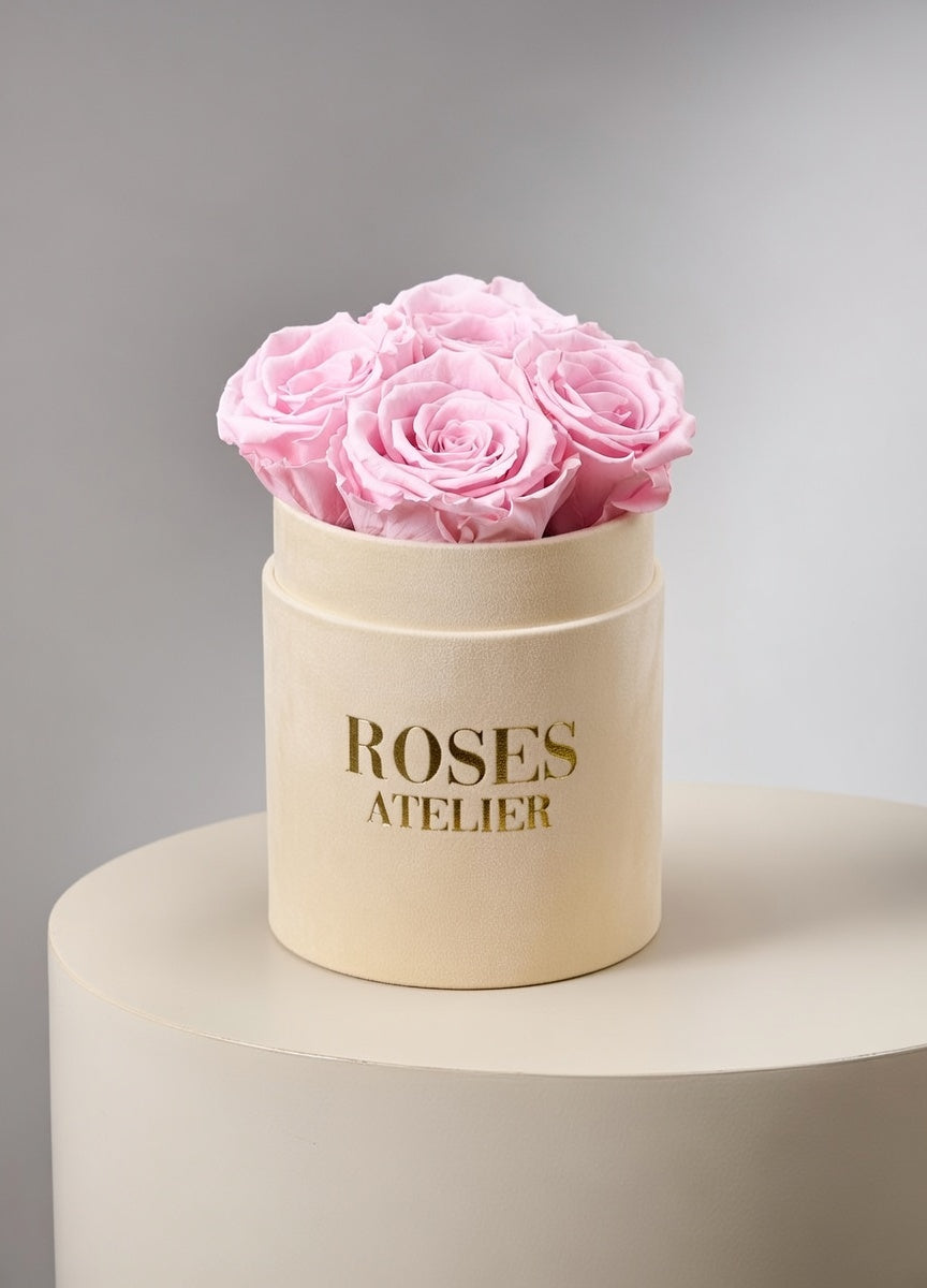 Mały Flower Box z Różowymi Wiecznymi Różami (szare pudełko)