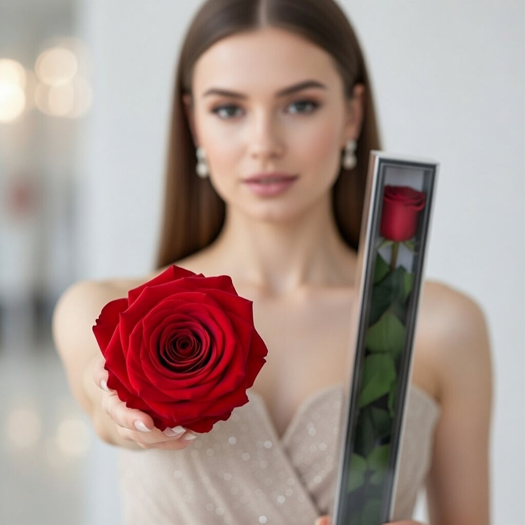 Czerwona róża wieczna XL z łodygą w opakowaniu prezentowym