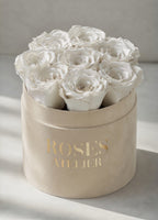 Flower Box z Wiecznymi Różami – Białe Wieczne Róże w Beżowym Pudełku