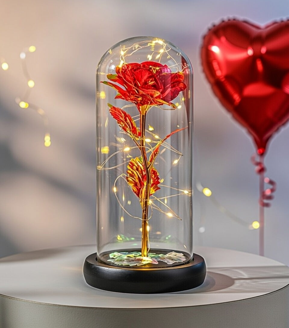 Pozłacana czerwona róża pod kloszem z podświetleniem LED