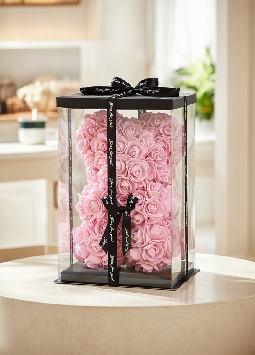 Miś z róż w opakowaniu prezentowym (czerwony)