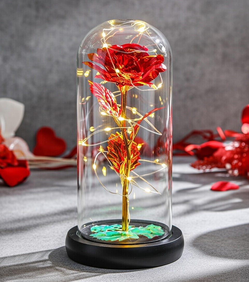 Róża pod kloszem - czerwona z podświetleniem LED