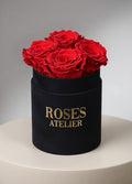Czerwone wieczne róże w małym czarnym flower boxie – elegancki prezent