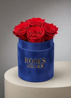 Czerwone wieczne róże w małym granatowym flower boxie – elegancki prezent