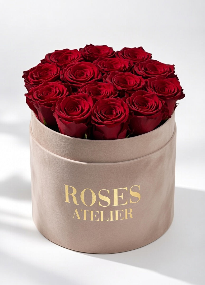 Ciemnoczerwone wieczne róże w dużym beżowym flower boxie