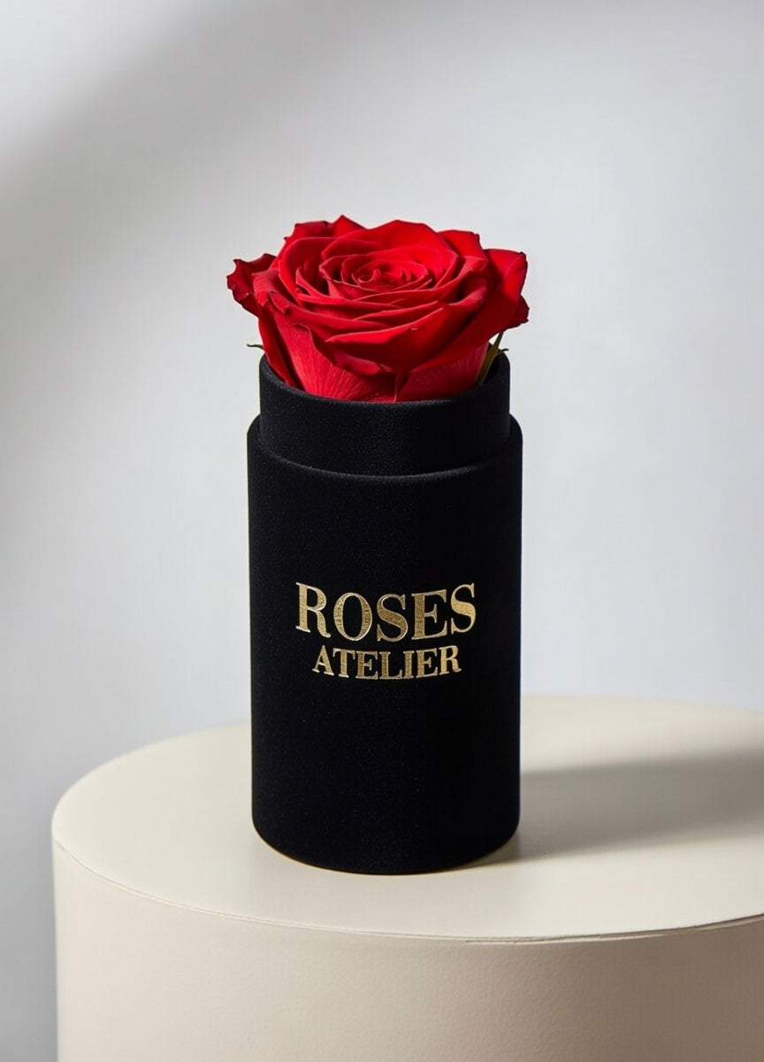Mini flower box z jedną czerwoną wieczną różą w czarnym pudełku – elegancki prezent