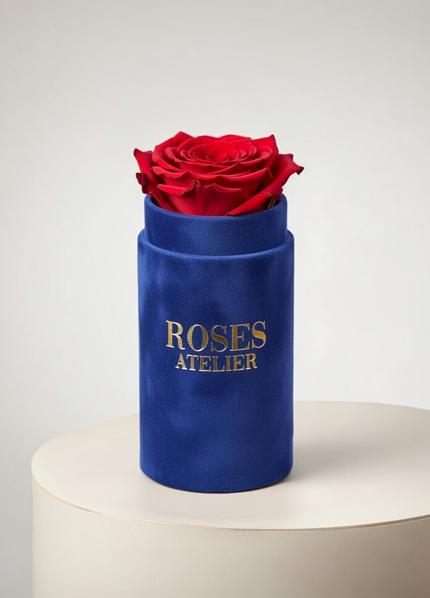 Mini flower box z jedną czerwoną wieczną różą w niebieskim pudełku – elegancki drobny prezent