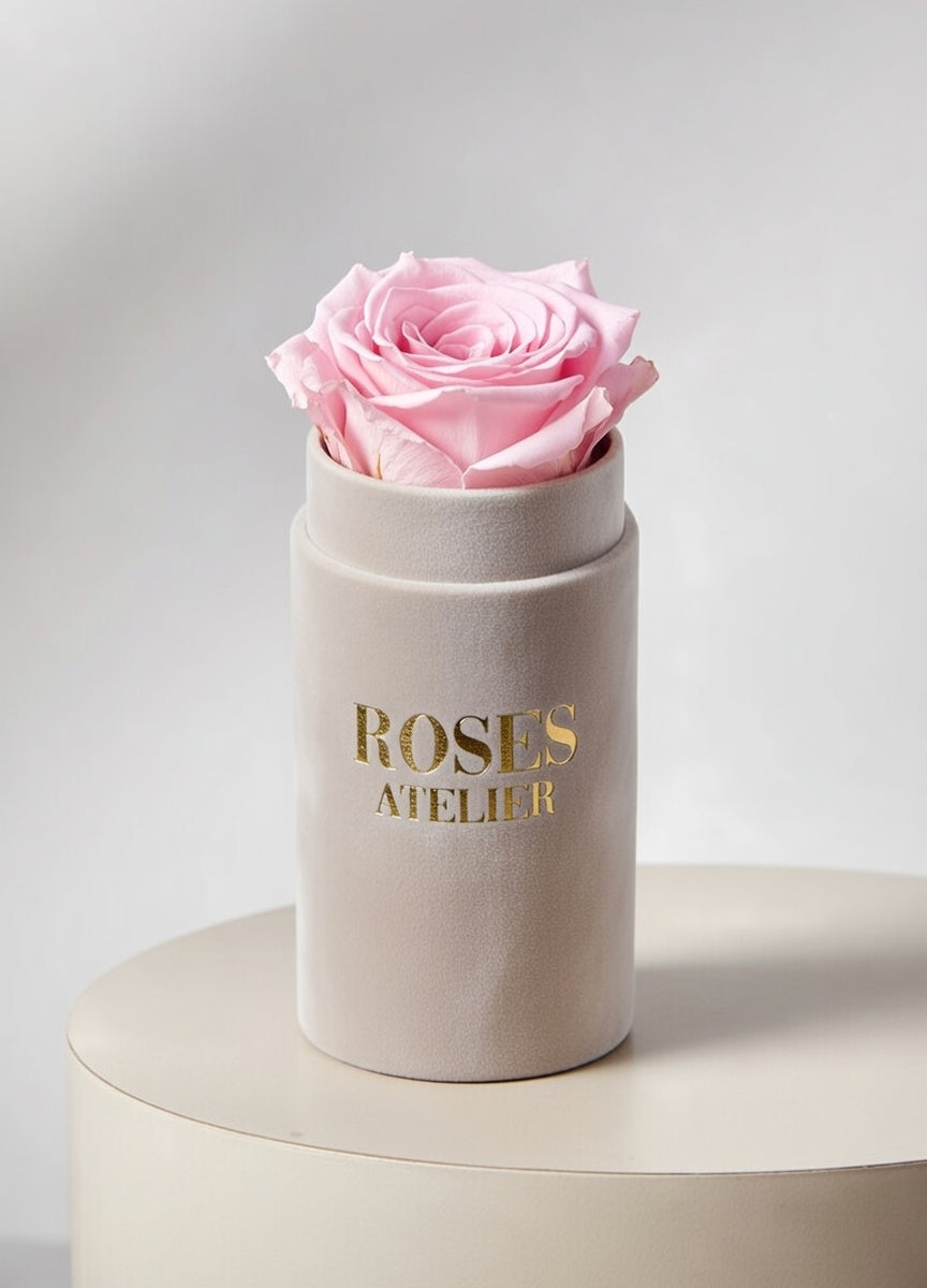 Mini flower box z jedną różową wieczną różą w beżowym pudełku – elegancki drobny prezent