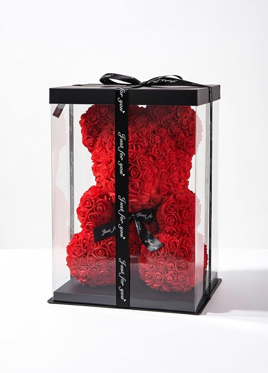 Miś z róż czerwony w opakowaniu na prezent XL