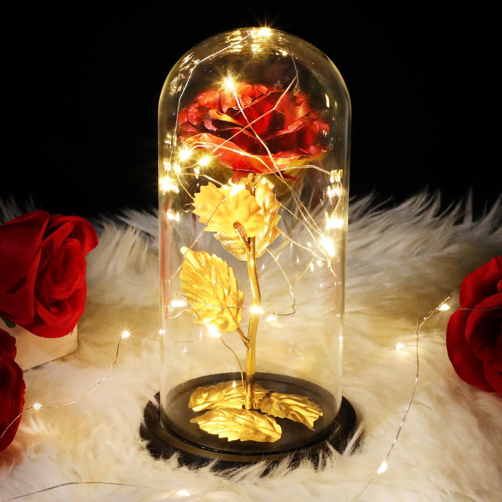Pozłacana czerwona róża pod kloszem z podświetleniem LED – luksusowy romantyczny prezent