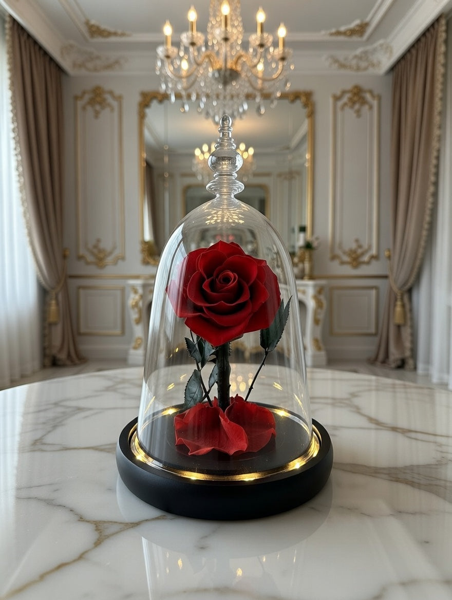 Wieczna róża pod kloszem w szkle z podświetleniem led