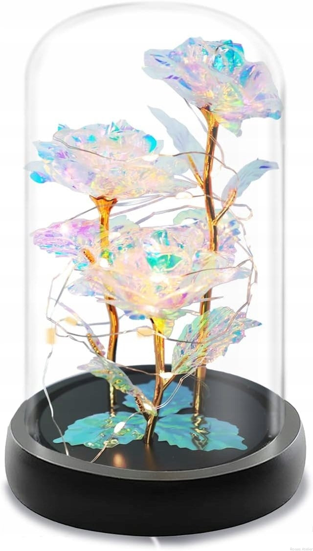 Wieczna tęczowa róża pod kloszem LED w rozmiarze XL – trzy wielobarwne róże