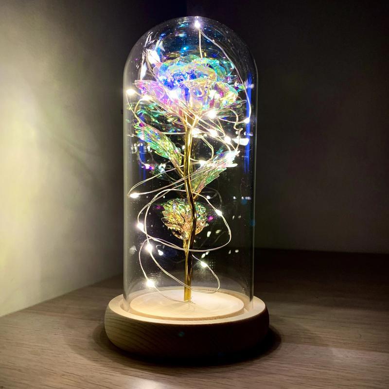 Tęczowa wieczna róża pod kloszem z podświetleniem LED – magiczny prezent