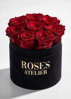 Bordowe wieczne róże w czarnym flower boxie