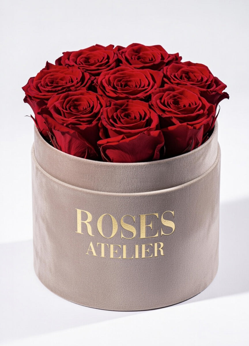 Bordowe wieczne róże w beżowym flower boxie